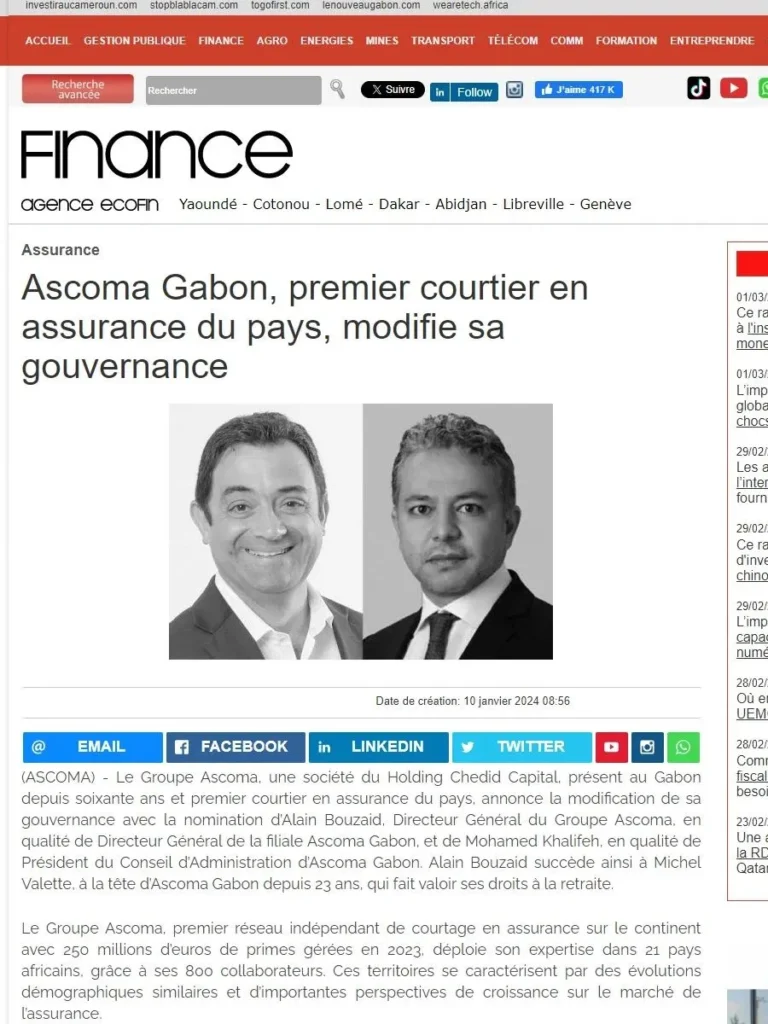 Finance - Ascoma Gabon modifie sa gouvernance